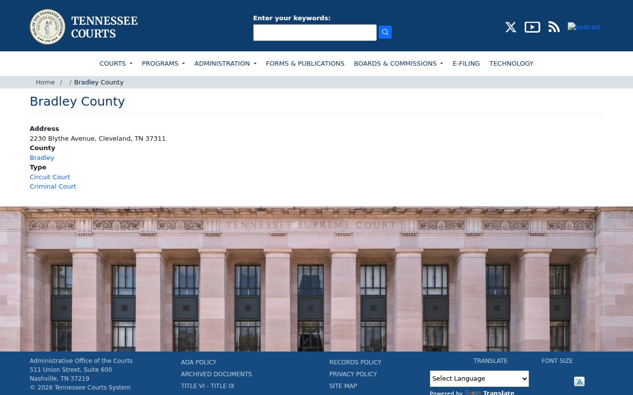Bradley County arrest warrant courthouse information from the Tennessee court directory