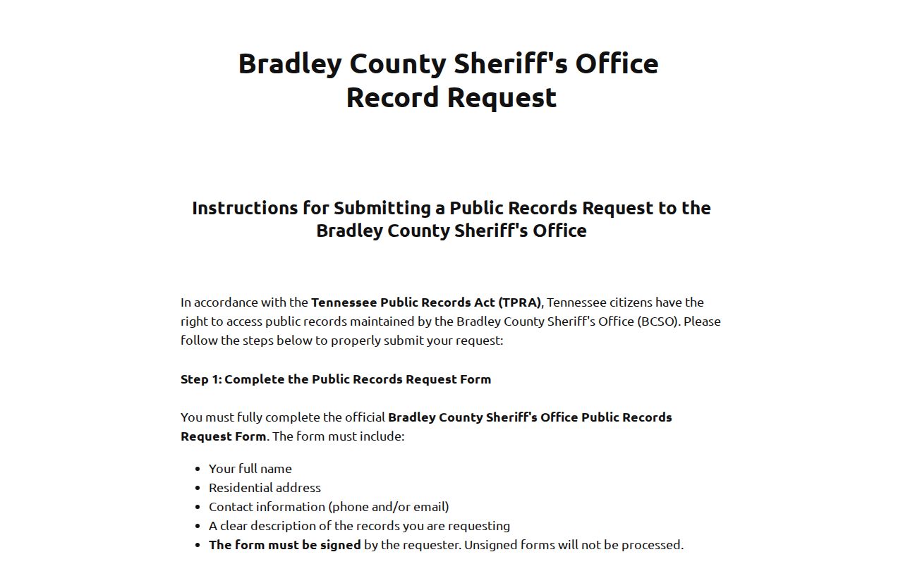 Bradley County warrant lookup records request instructions and Tennessee ID requirement